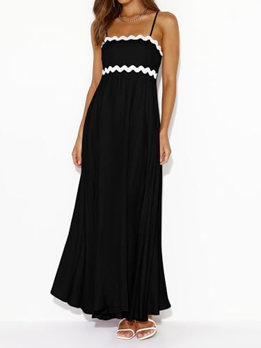 PRETTYGARDEN Women Spaghetti Strap Boho Maxi Dresses Flowy - color: Black, size: XX-Large