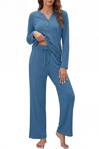 OUGES Women's Maternity Nursing Pajamas Sets Pregnancy Delivery Lounge Pjs - color: Blue, size: X-Large