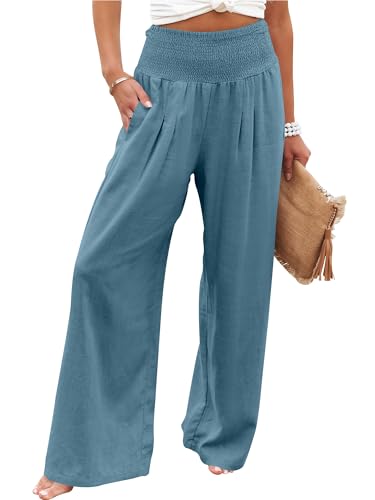 ANRABESS Women Linen Palazzo Wide Leg Pants with Pockets - color: Lake, size: Small