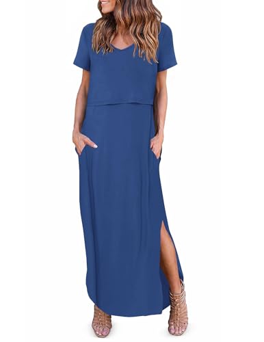 Ekouaer Womens Nursing Dress Breastfeeding Summer V Neck Maternity Dresses - color: Dark Blue, size: Medium
