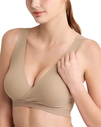 Mamaway Ultra Silky Crossover Nursing Maternity Wireless Bra, Smooth, Soft, Cooling - color: Khaki, size: Small