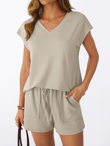 AUTOMET 2 Piece Summer Short Set Matching V Neck Cap Sleeve Lounge Clothing - color: Khaki, size: Medium