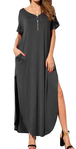 GRECERELLE Women's Summer Maxi Dress Casual Loose V Neck Short Sleeve Side Split Long Dresses with Functional Pockets - color: Dark Gray, size: X-Large