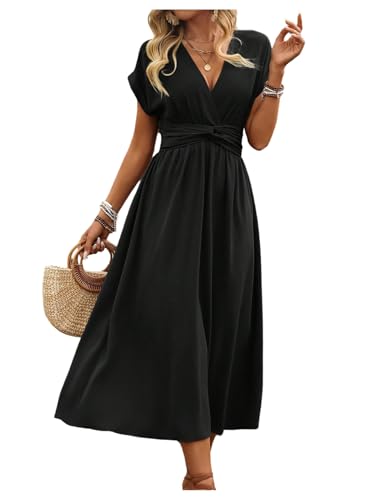 Floerns Women's Wrap V Neck Flowy Midi Dresses Short Sleeve A Line Ruched Beach Dress - color: Black, size: X-Large