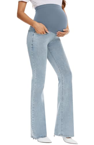 GLAMIX Women's Stretch Maternity Bootcut Jeans with Pockets Over The Belly Bell Bottoms Flare Denim Pants Pregnancy Clothes - color: Light Blue, size: Small