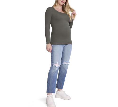 Motherhood Maternity Women's Long Sleeve Square Neck Ribbed Pregnancy T-Shirt - color: Thyme, size: Medium