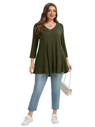 LARACE Plus Size Tunic Womens 3/4 Sleeve Tops V Neck Swing Loose Blouses - color: Army Green, size: Large