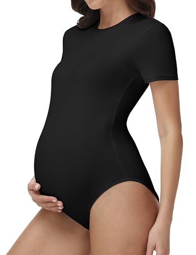 V VOCNI Maternity Bodysuit Short Sleeve Stretchy Basic Pregnancy T Shirt - color: Black, size: Small