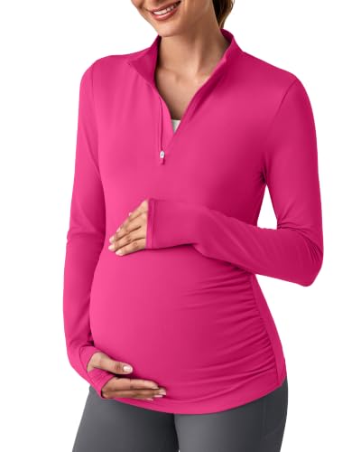 G4Free Lightbreeze Maternity Shirts Long Sleeve Quarter Zip Pregnancy Top - color: Hot Pink, size: Medium