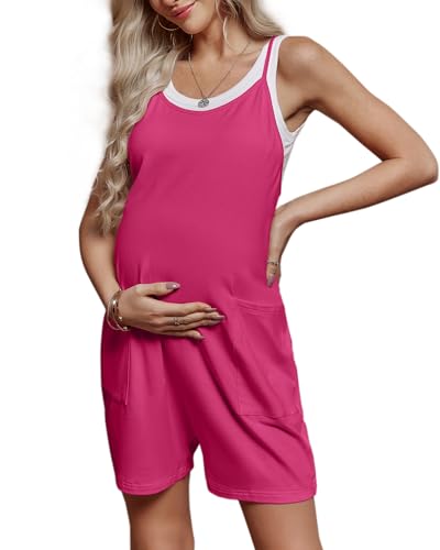 FMEYOA Maternity Romper Sleeveless Overall Shorts Jumpsuit with Pockets - color: Rose Red, size: Small