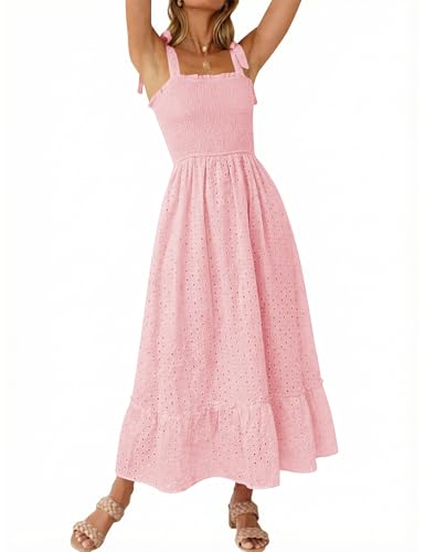 Tobrief Women's Boho Dress Summer Spaghetti Strap Square Neck Flowy Ruffle Beach Long Maxi Dress - color: A-pink, size: X-Large