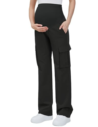 GLAMIX Women's Maternity Cargo Pants with Four Pockets Over The Belly Scrub Pants Pregnancy Clothes - color: Black, size: Medium