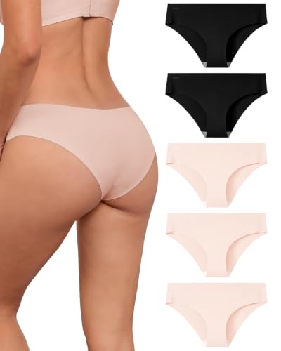 Ubras Seamless Underwear For Women, Bikini Underwear No Show Hipster Pack - color: Black + Nude (5 Pack), size: Small