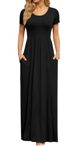 DB MOON Women's Summer Maxi Dress Casual Short Sleeve Empire Waist Pockets - color: Black, size: Medium