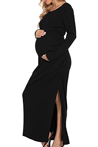Smallshow Women's Ruched Long Sleeve Split Maternity Dress - color: Black, size: Medium