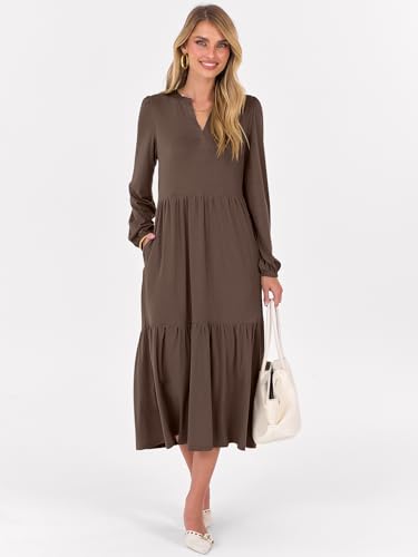 ANRABESS Women's Long Sleeve Fall Flowy Boho Maxi Dresses - color: Brown, size: XX-Large