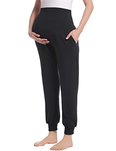 Joyaria Women's Cotton Maternity Jogger Pants Over The Belly with Pockets - color: Black, size: X-Large
