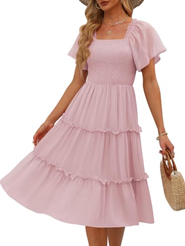 LILLUSORY Women Tiered Flutter Sleeve Square Neck Smocked Midi Dress - color: Pink, size: Medium