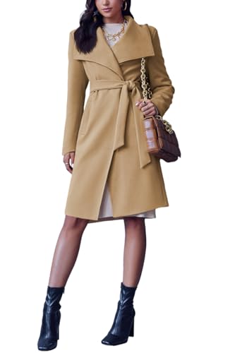 Cicy Bell Women's Pea Trench Coat Lapel Collar Long Jacket Open Front Belted Overcoat with Pockets - color: Khaki, size: Small