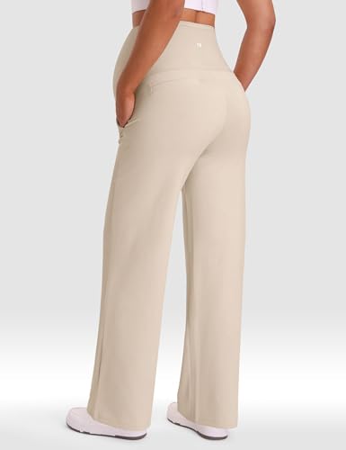 Mama Land Maternity Work Dress Pants, Stretchy Wide Leg with Pockets - color: Light Khaki, size: Medium
