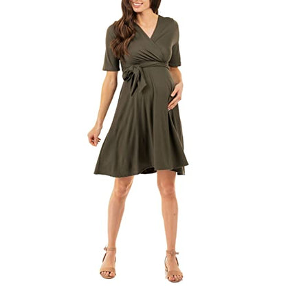 Mother Bee Maternity Knee Length Wrap Dress with Adjustable Belt - color: Dkolive, size: Medium