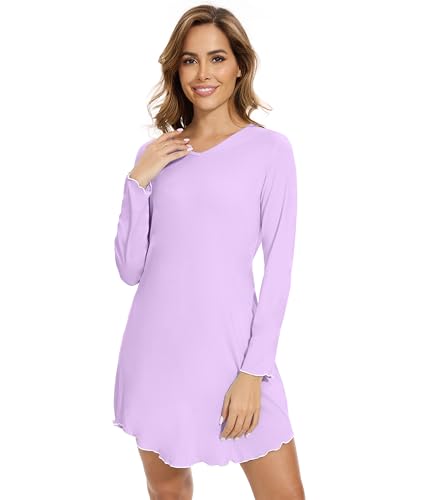 WiWi Women's Viscose from Bamboo Nightgown Long Sleeve Nightshirt Soft Sleep Dress Loose Comfy Pajama Sleepwear S-XXL - color: B-light Purple, size: Small