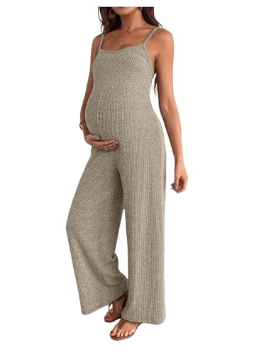 MakeMeChic Women's Maternity Cami Jumpsuit Ribbed Pregnancy Overalls Romper - color: Apricot, size: X-Large