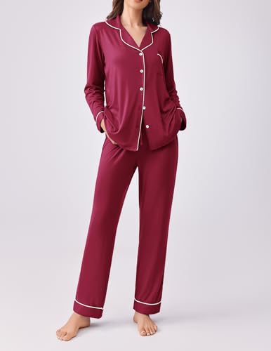 Ekouaer Womens Pajamas Set Button Down Long Sleeve Top & Pants Lounge Sets - color: Wine Red, size: Medium