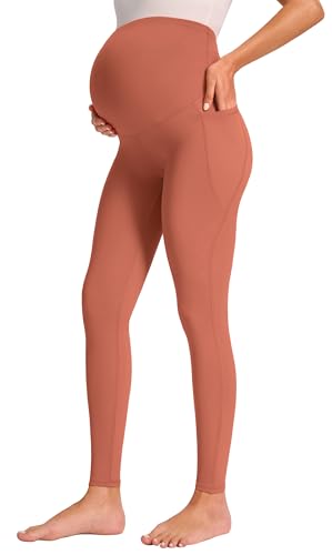 JOYSPELS Smooth Feeling Maternity Workout Leggings with Pockets Pregnancy Pants Over The Belly - color: Peach Blossom, size: Large