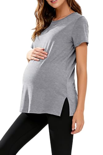 Women's Maternity Shirts Short Sleeve Split Hem Pregnancy Tops Clothes - color: Light Grey, size: Small