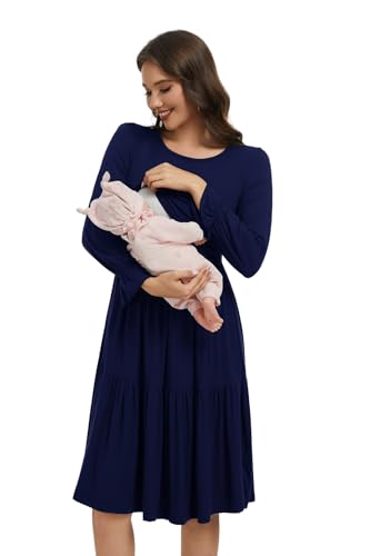 Smallshow Women's Ruffle Maternity Nursing Dress Long Sleeve - color: Navy, size: Large