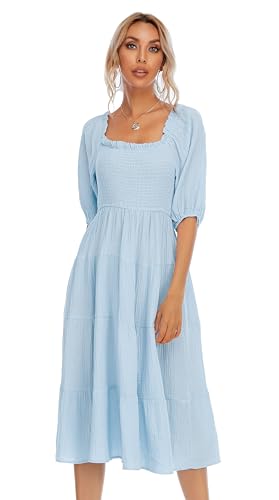 R.Vivimos Women's Cotton Off-Shoulder A-Line Midi Dresses - color: Skyblue, size: Large