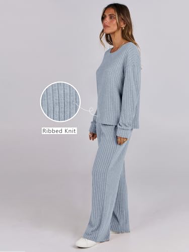 ANRABESS Women 2 Piece Lounge Pajamas Sets Casual Fall Outfits - color: Blue, size: Medium