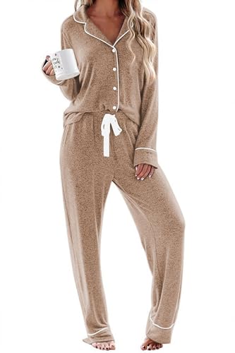 Ekouaer Women's Pajamas Long Sleeve Loungewear Casual Button Down Pjs - color: Light Brown, size: Medium