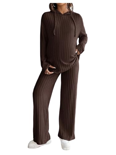 MakeMeChic Women's Maternity 2 Piece Sets Ribbed Knit Hoodie Pants Outfits - color: Brown, size: XX-Large