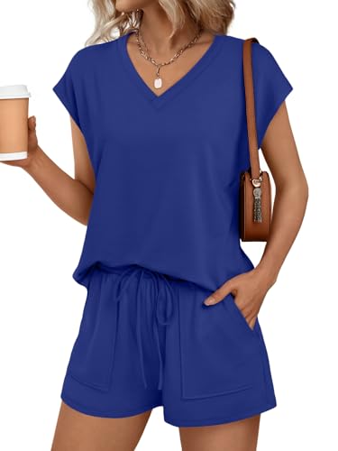 AUTOMET 2 Piece Summer Short Set Matching V Neck Cap Sleeve Lounge Clothing - color: Royal Blue, size: Large