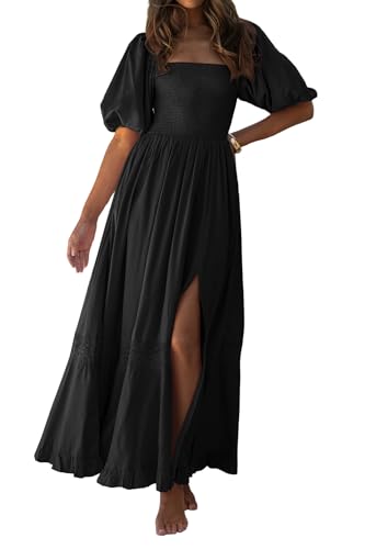 R.Vivimos Women's Summer Square Neck Smocked Slit Maxi Dress - color: Black, size: Medium