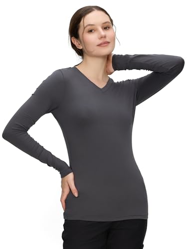 COZYFIT Women’s Underscrub Tee, V-Neck Long Sleeve Undershirt - color: Dark Grey, size: 4X-Large