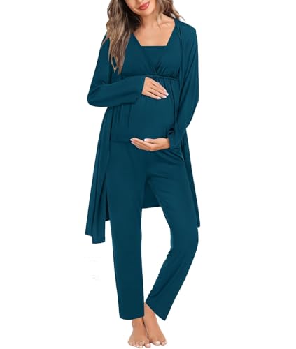SWOMOG Maternity Nursing Pajamas Set 3 Piece Breastfeeding 3 in 1 Labor Delivery Sleevless Tops Long Pants Pregnancy Pjs - color: Sleeveless-deep Blue, size: Medium