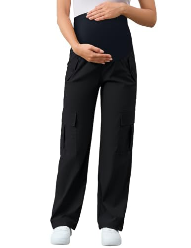 AMPOSH Women's Maternity Cargo Pants with 6 Pockets Quick-Dry Pregnancy Hiking Pants - color: Black, size: Medium