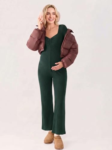 BLENCOT Maternity Ribbed Jumpsuit Long Sleeve Square Neck Stretchy Romper - color: Dark Green, size: XX-Large