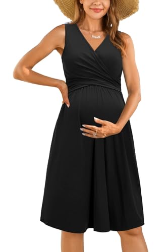 OUGES Womens V-Neck Sleeveless Summer Floral Maternity Dresses Nursing Gown Breastfeeding Dress - color: Black-sleeveless, size: Small