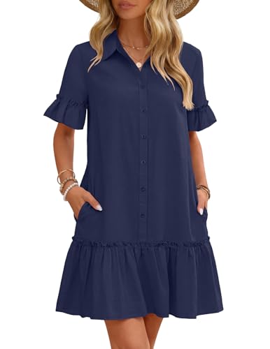 MEROKEETY Women's Summer Casual Tshirt Dress Button Down Shift Mini Dresses - color: Navy, size: X-Large