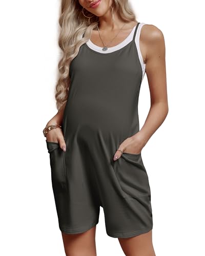 FMEYOA Maternity Romper Sleeveless Overall Shorts Jumpsuit with Pockets - color: Dark Grey, size: Medium