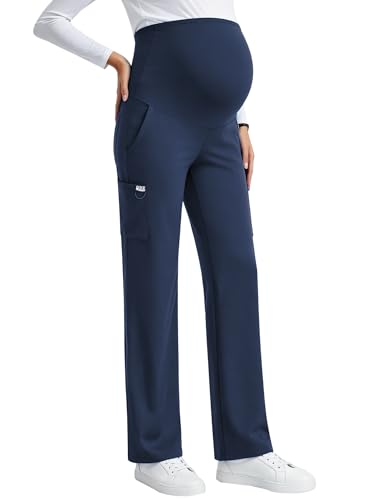 Womens Maternity Scrub Pants Straight 4-Way Stretch Cargo Work Yoga Pants - color: Navy, size: Small