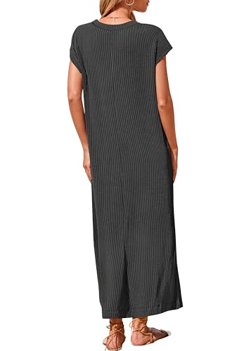 KIRUNDO Womens Summer Ribbed Knit Short Sleeve Maxi Dress - color: Black, size: Medium