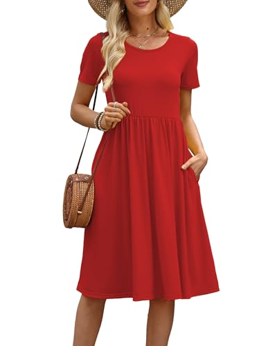 COSSEN Women's 2026 Summer Midi Dress Crew Neck Short Sleeve - color: B03-red, size: Medium