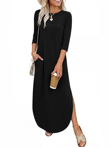 ANRABESS Women’s Air Layer 3/4 Sleeve Fall Maxi Dress & Pockets - color: Black, size: X-Large