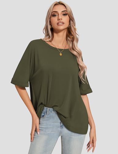 UEU Women's Oversized Crewneck T-Shirt Casual Loose Tunic Tops - color: Army Green, size: Medium