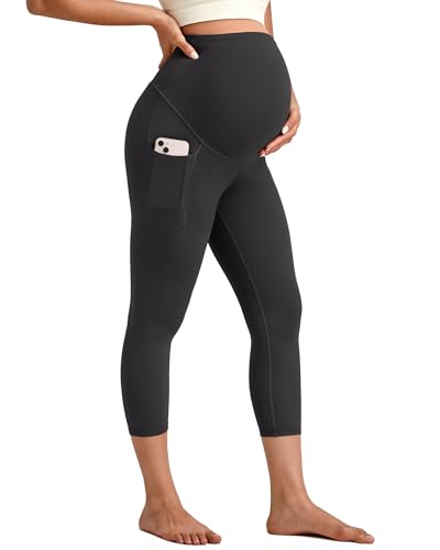 G4Free BareFeel Maternity Leggings with Pockets Over The Belly Stretchy Workout Yoga Pregnancy Pants - color: Black, size: Medium